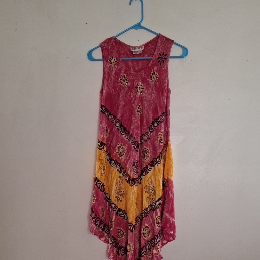 Sleeveless Boho Tie-Dye Dress in Pink and Mustard